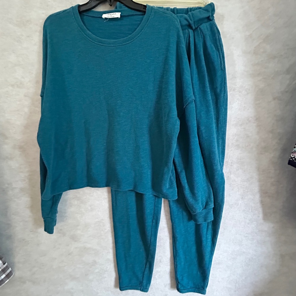 Zenana Womens Teal Blue‎ 100% Cotton 2 Piece Lounge Set Paperbag Joggers Vintage